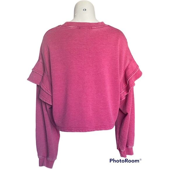 7 For All Mankind Raspberry Ruffle Cropped Top Sweatshirt Crewneck Sz L NWT - Picture 3 of 7